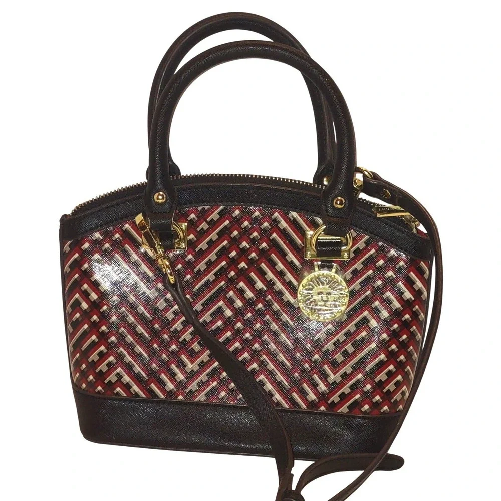Anne Klein Womens Satchel Handbag Purse Geometric Print Black Red Gold 9x4x7